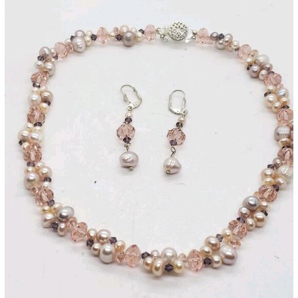 Vintage Genuine Pearl & Crystal Bead Necklace & Earrings Set Germany - Picture 1 of 8